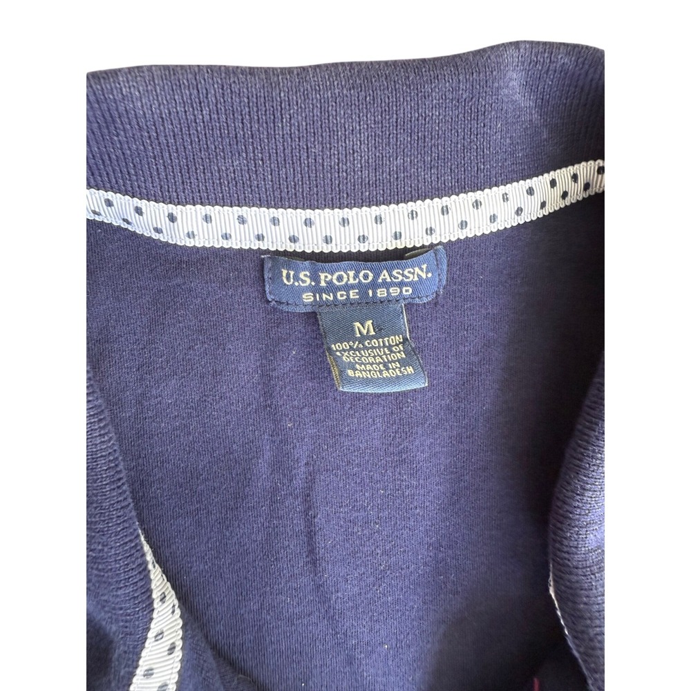 U.S. Polo Assn. Navy Blue Cotton Polo Shirt Polka Dot Trim Women Medium Preppy - Picture 2 of 6